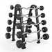Set of EZ Curl barbells on a barbell rack on a white background