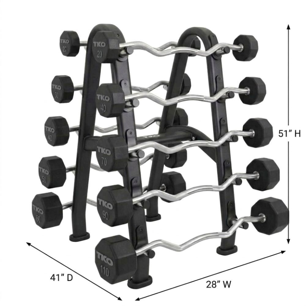 Urethane barbell set with rack and dimensions on a white background