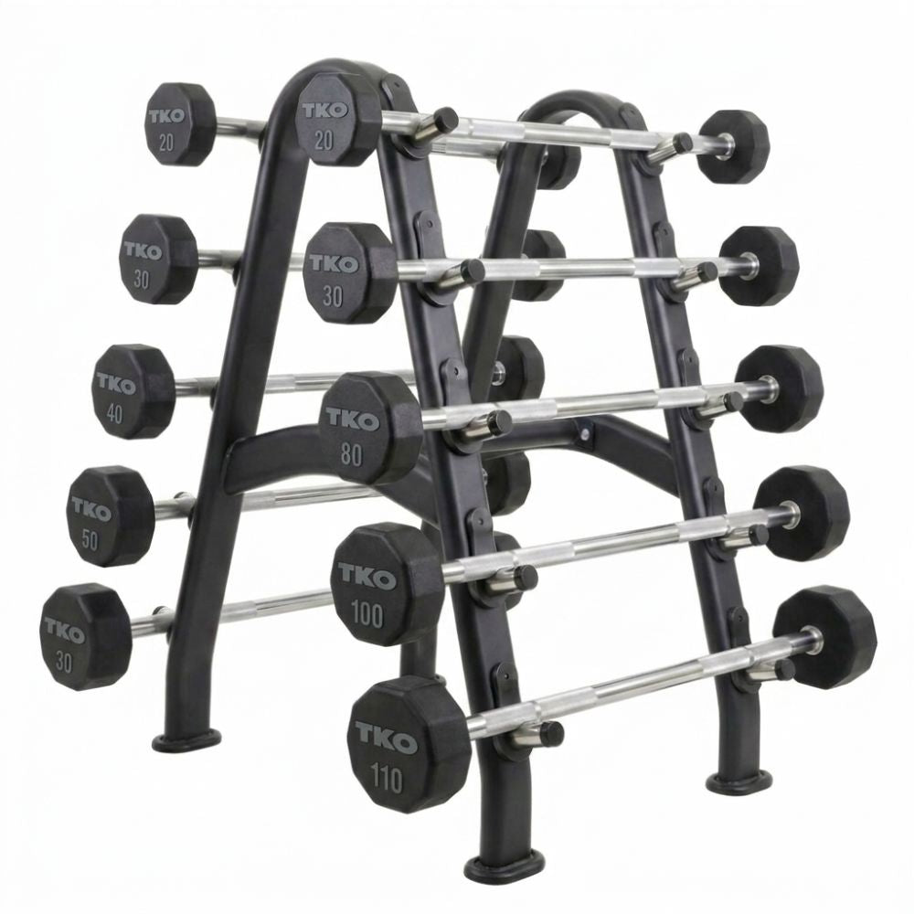 straight barbells on a barbell rack on a white background