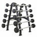 straight barbells on a barbell rack on a white background