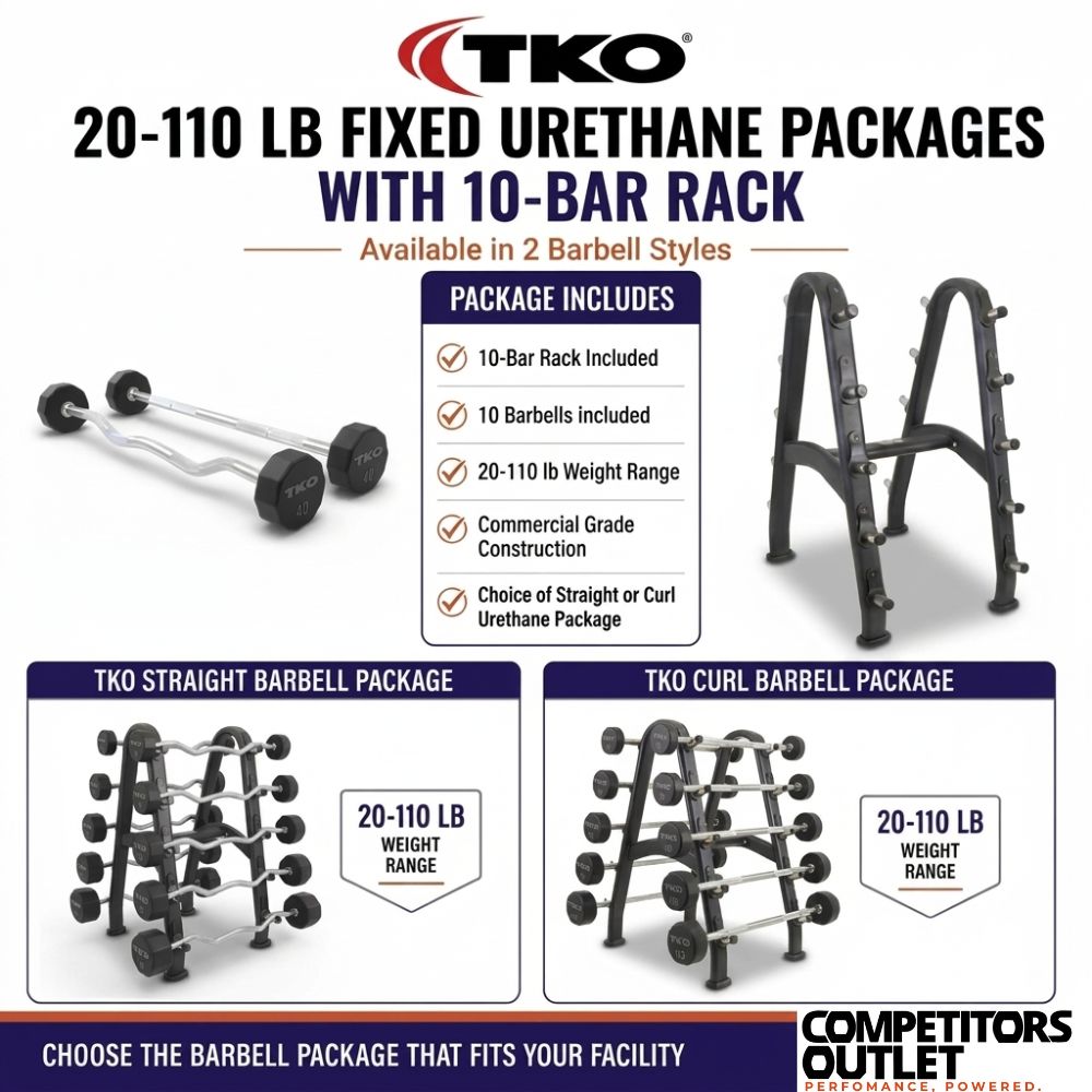 TKO 20-110 lb 10-Sided Urethane Fixed Straight and EZ Curl Barbell Set with 10-Bar Rack