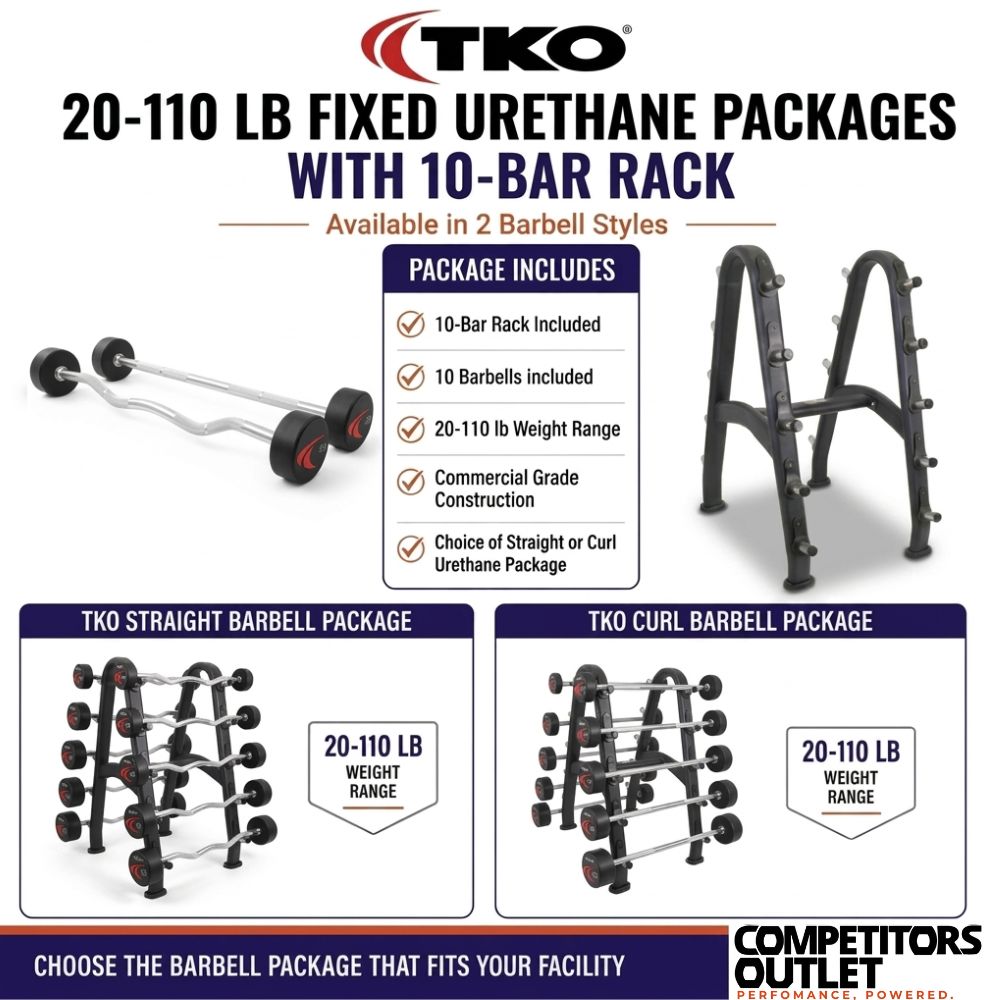 TKO weight package with 10-bar rack and barbell options on a white background