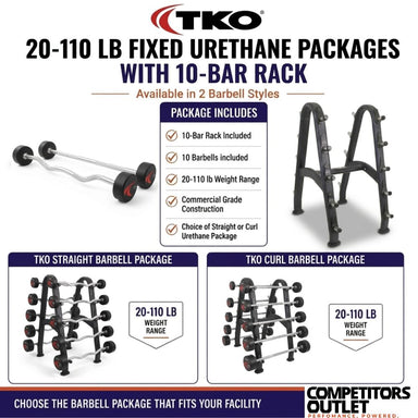 TKO weight package with 10-bar rack and barbell options on a white background