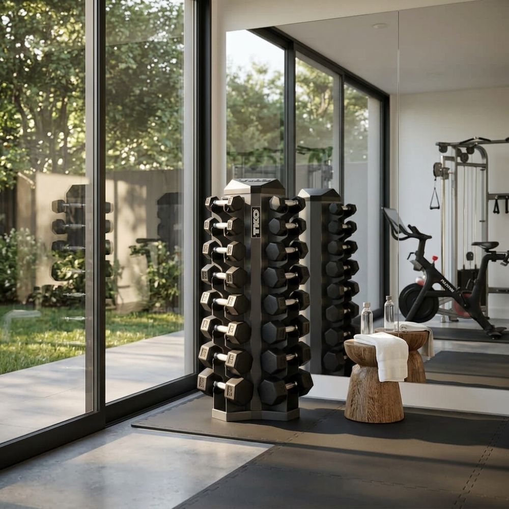 TKO Rubber Hex Straight-Handle Dumbbell Set with 8 Pair Vertical Rack Package