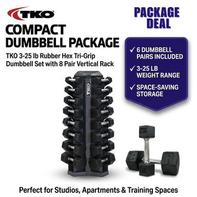 TKO compact dumbbell package with vertical rack on a white background