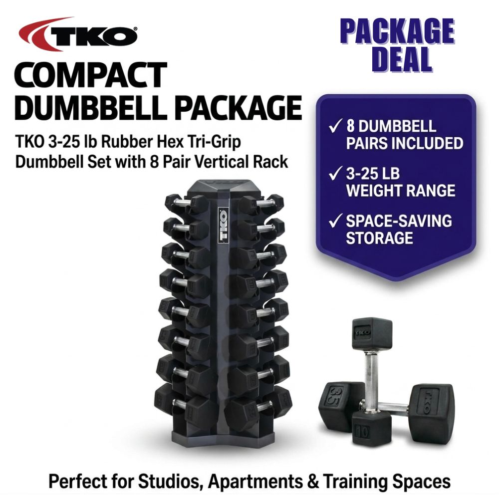 TKO compact dumbbell package with vertical rack on a white background