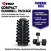 TKO compact dumbbell package with vertical rack on a white background