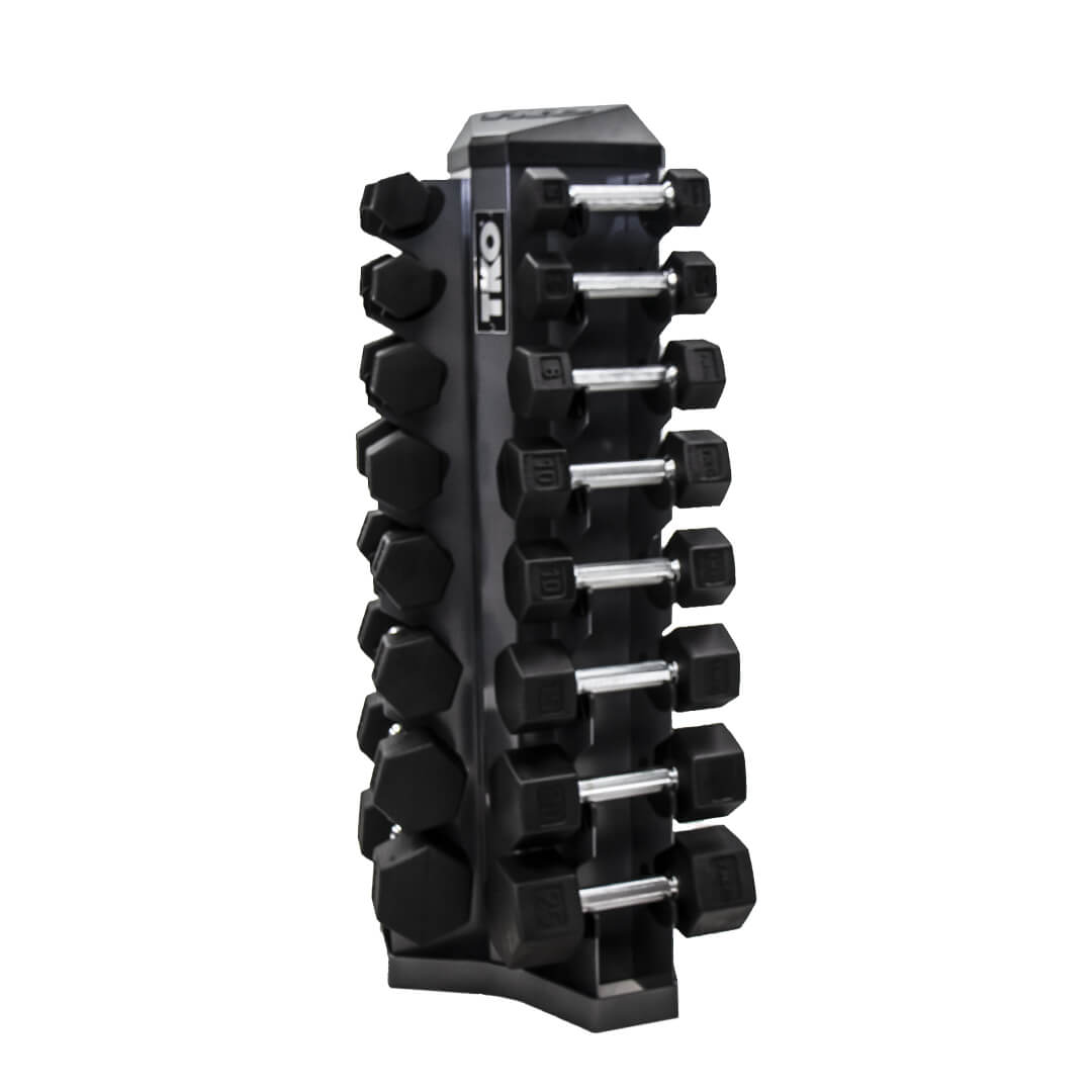 TKO 3-25lb Rubber Hex Tri-Grip Handle Dumbbells W/ 8pr Rack S826-TXRL8 with Dumbbells