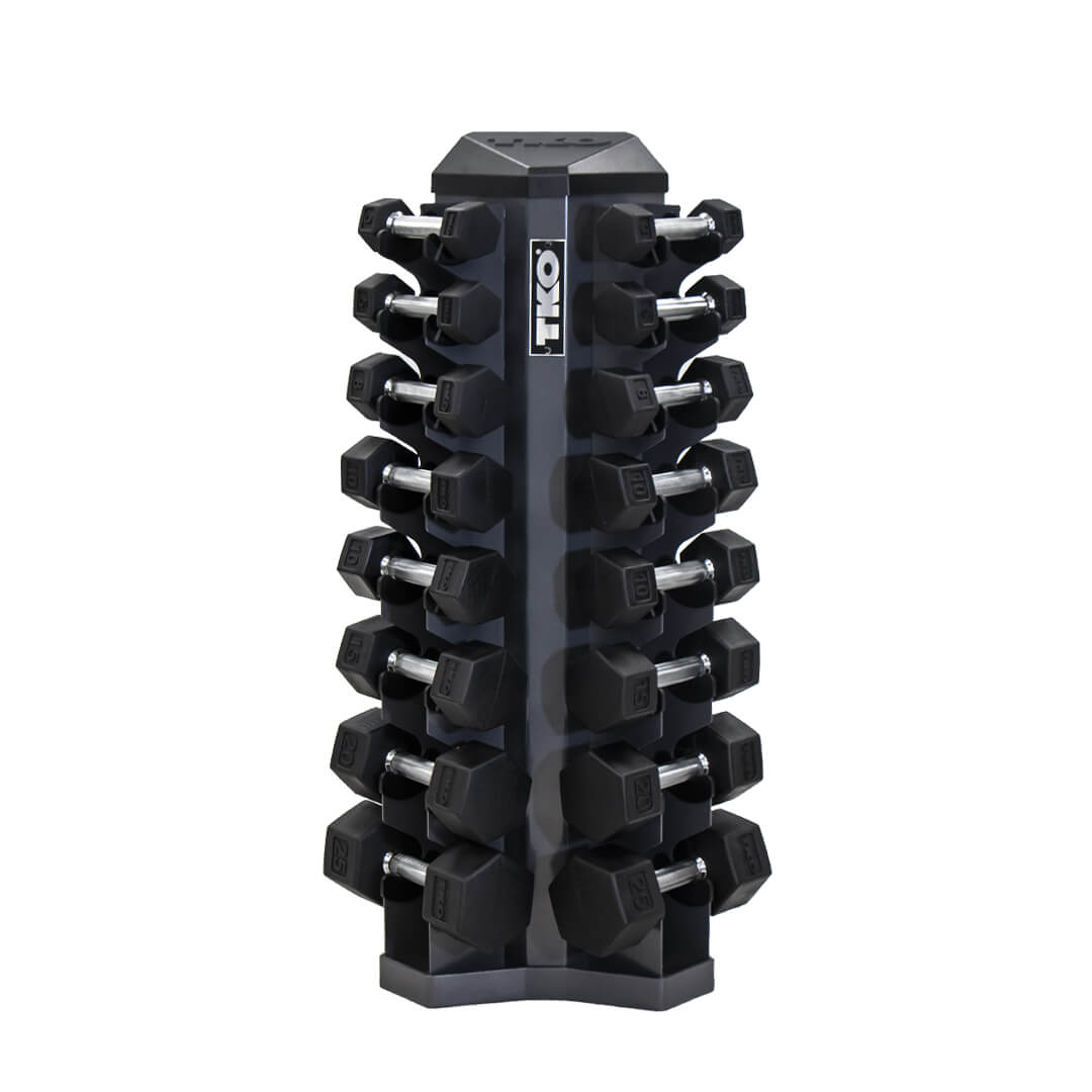 TKO 3-25lb Rubber Hex Tri-Grip Handle Dumbbells W/ 8pr Rack S826-TXRL8