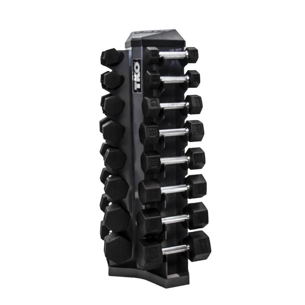 TKO 3-25lb rubber hex  straight handle dumbbells w/ 8pr vertical rack front load