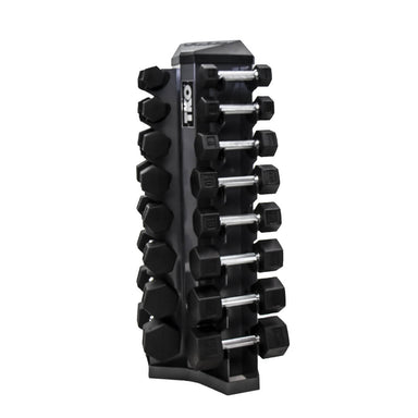 TKO 3-25lb rubber hex  straight handle dumbbells w/ 8pr vertical rack front load