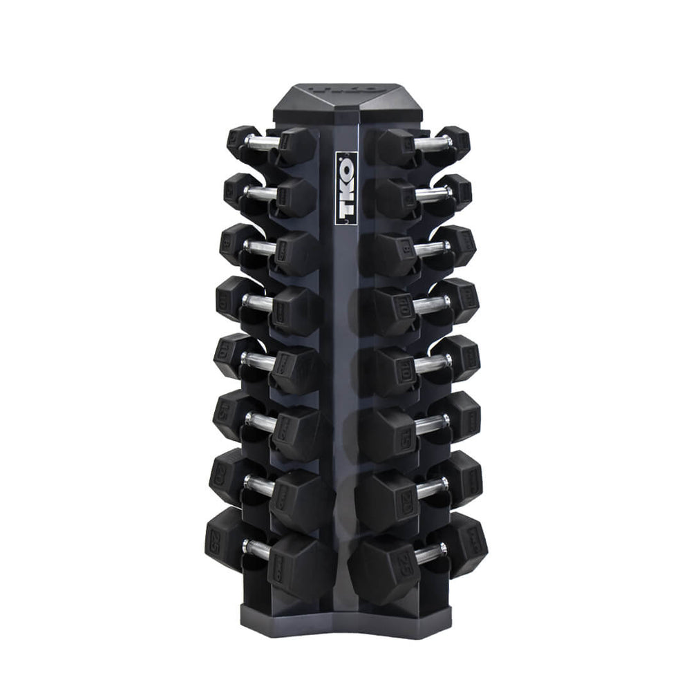 TKO 3-25lb rubber hex  straight handle dumbbells w/ 8pr vertical rack injection molded