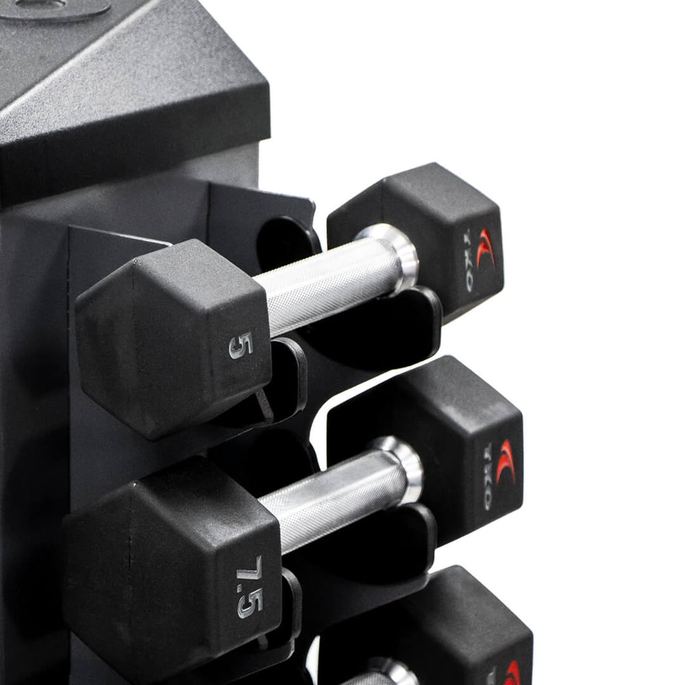 TKO 3-25lb rubber hex  straight handle dumbbells w/ 8pr vertical rack virgin rubber