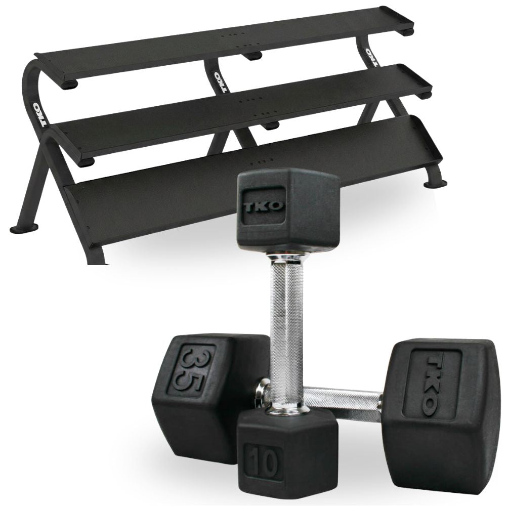 Pair of black dumbbells with a TKO 3-Tier Shelf on a white background