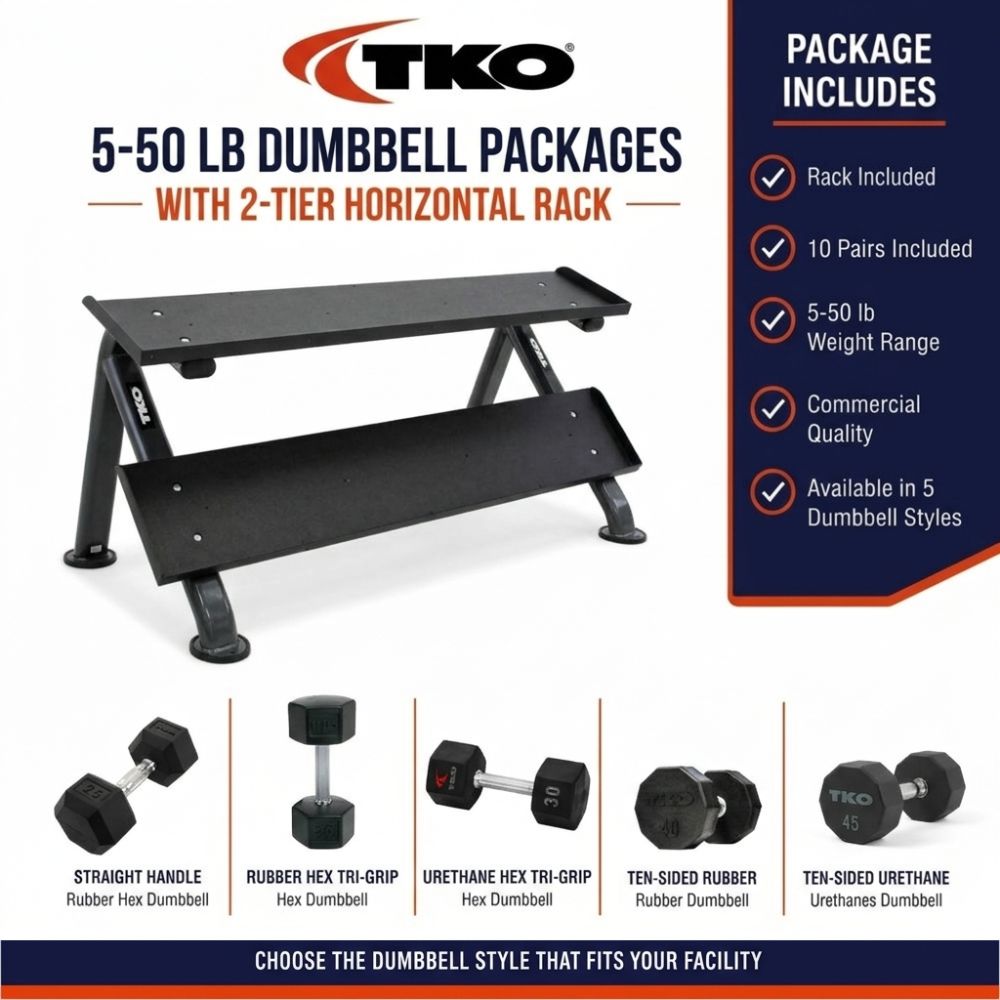 TKO 5-50 lb Commercial Dumbbell Packages with 2-Tier Horizontal Rack
