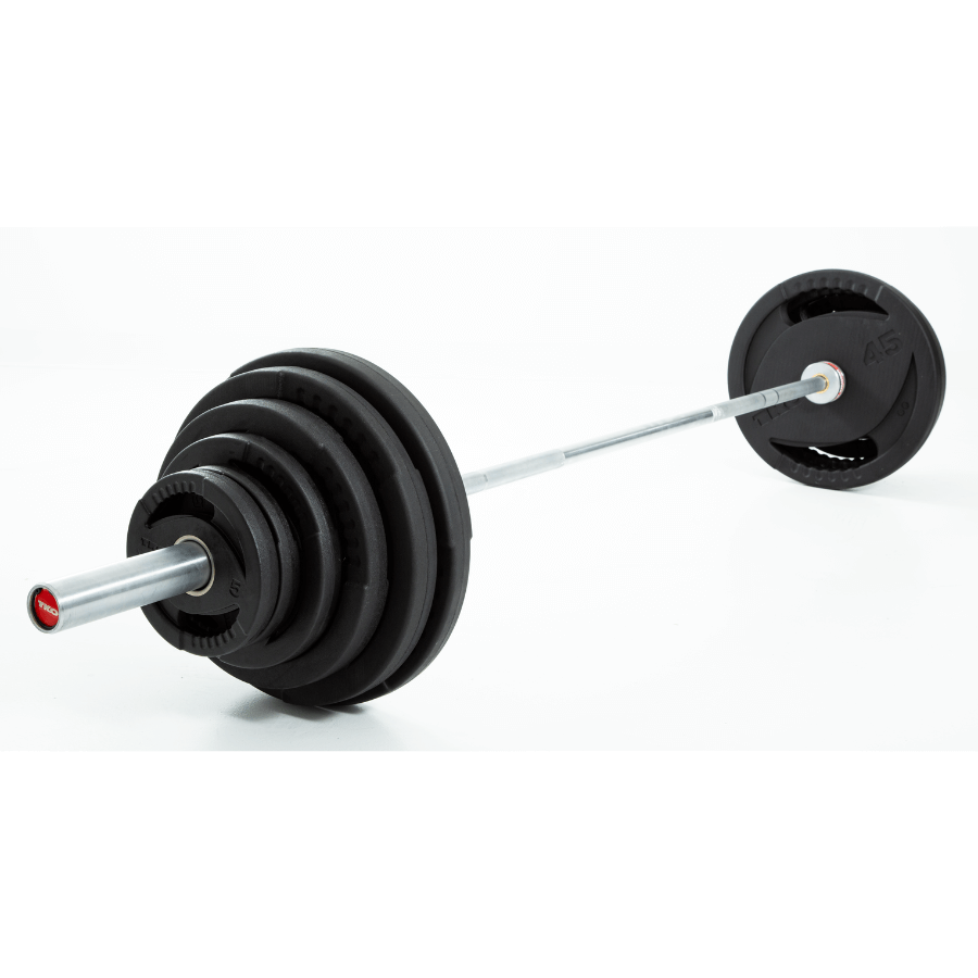 TKO 300Lb Olympic Rubber Plate set w/ Commercial Bar (1,000 lb) & Collars solid steel insert bi lateral grip