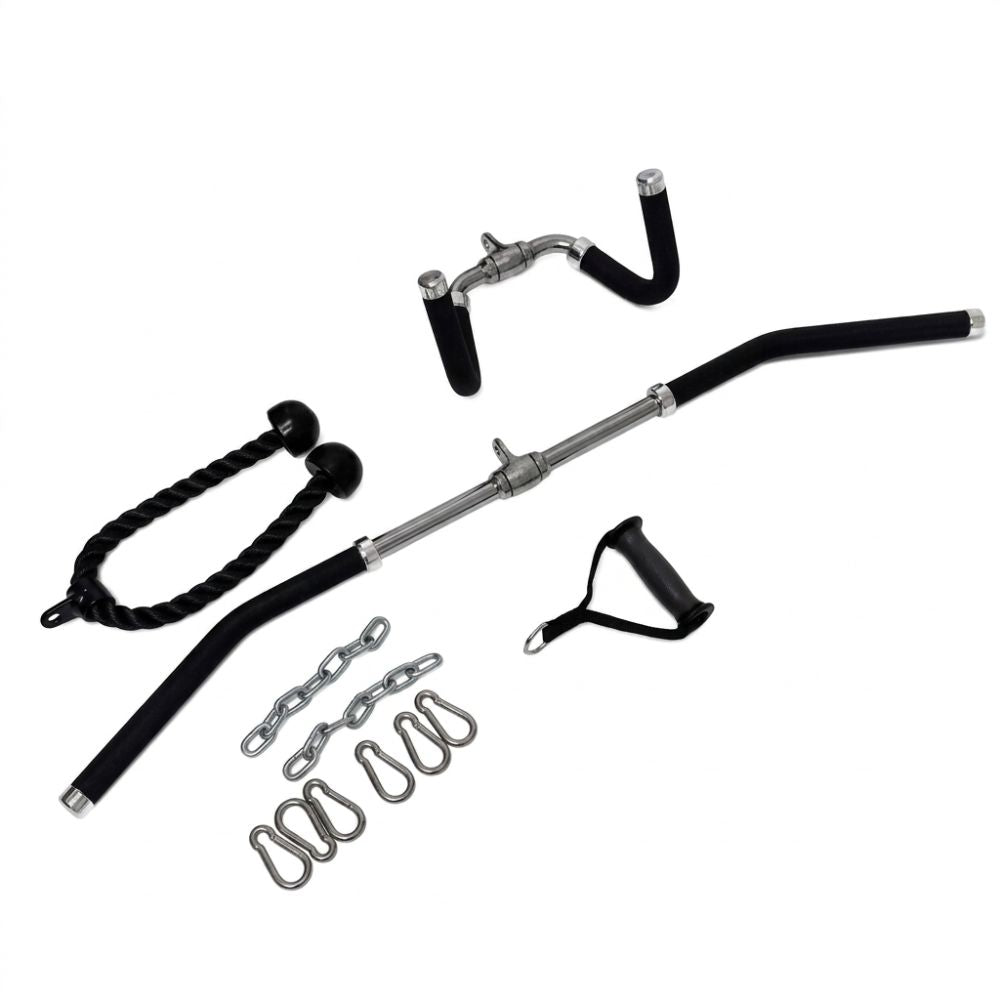 Set of exercise bars and attachments for TKO 4-Stack Cable Machine 7031-B on a white background