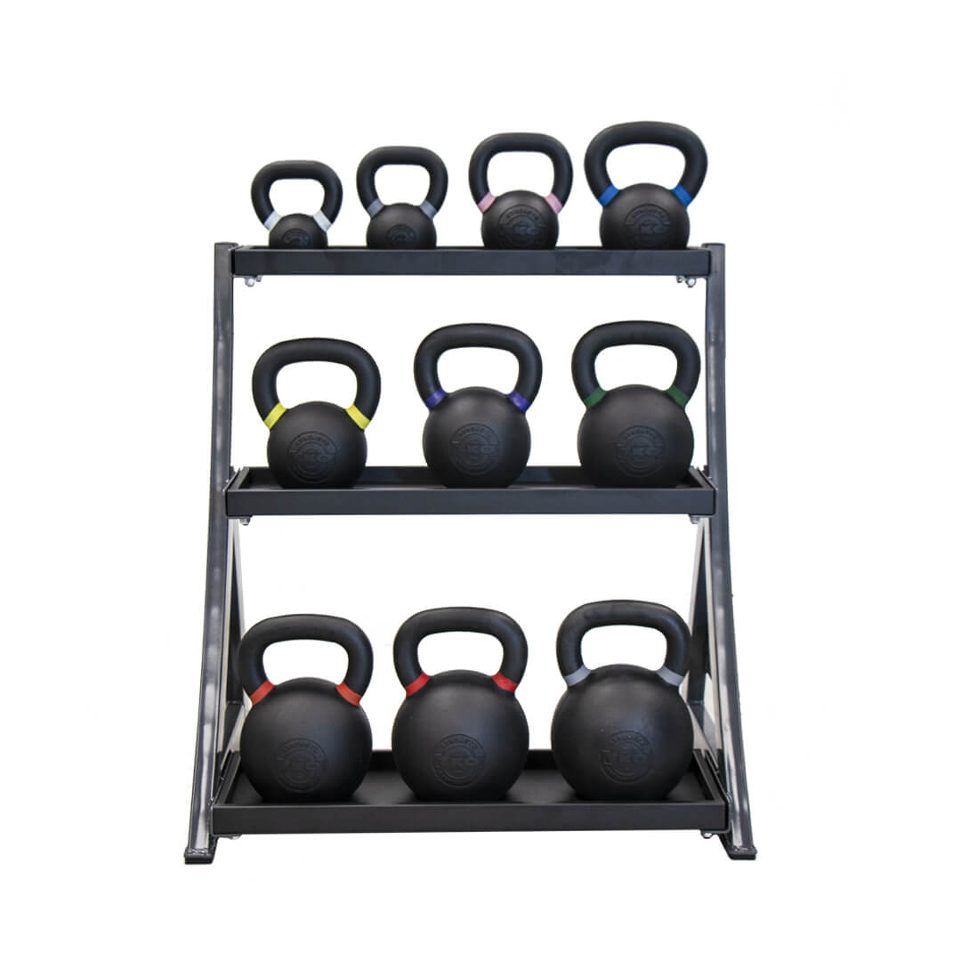 TKO 4kg-36kg Cast kettlebell set w/ 3 tier rack