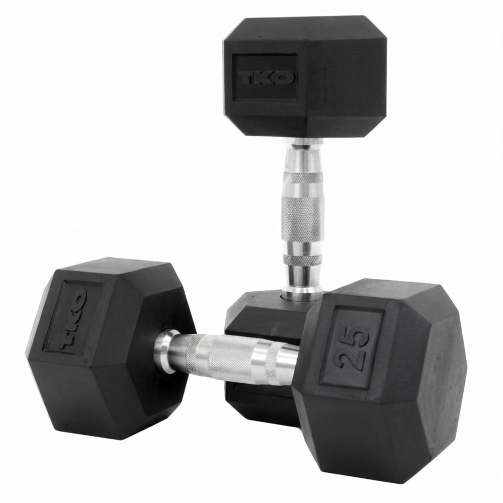 Pair of TKO Rubber Chrome Contoured Handles hexagonal dumbbells with weight marking on a white background