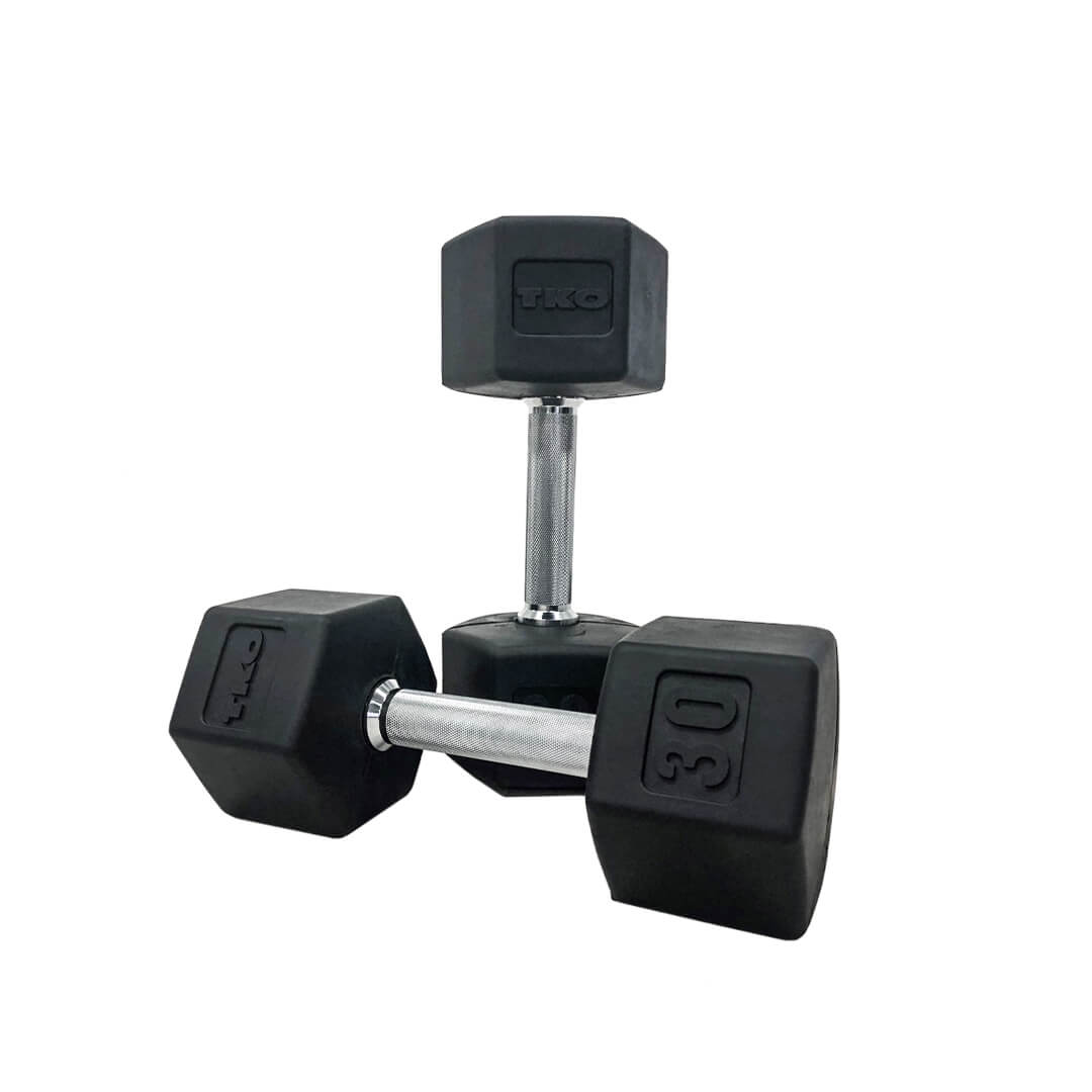 Pair of black dumbbells with hexagonal weights on a white background