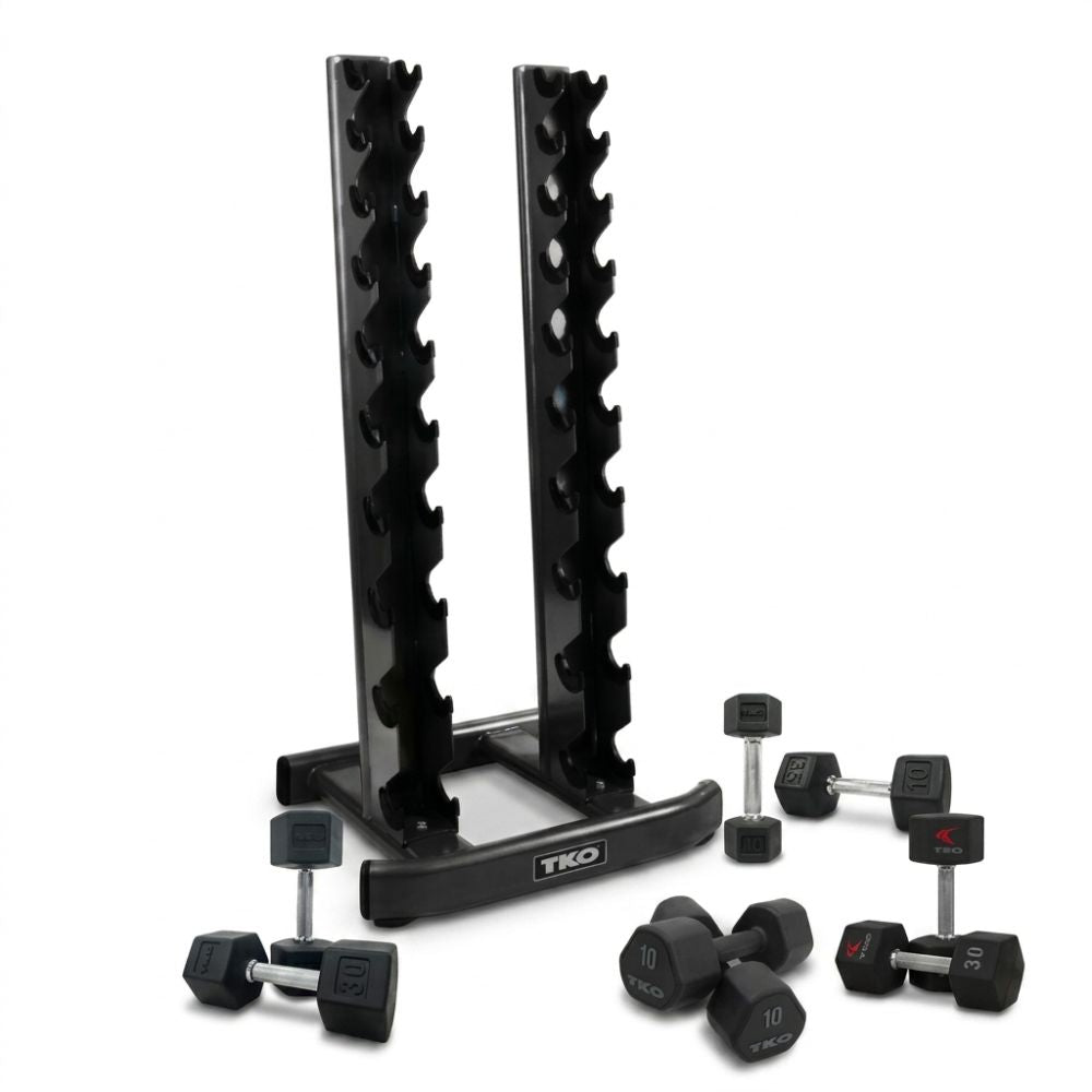 Black dumbbell rack and dumbbells on a white background