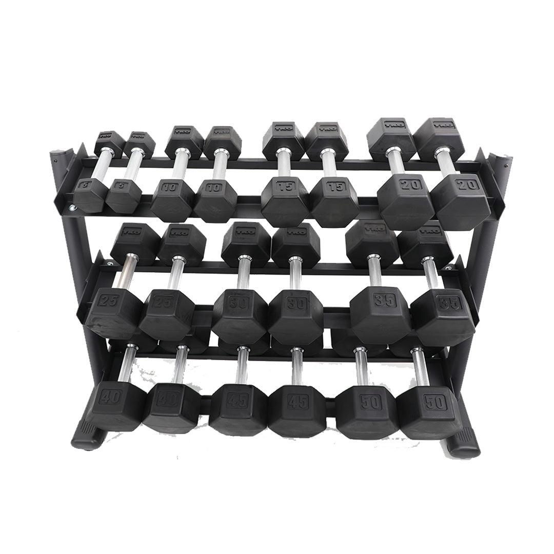 TKO 5-50lb Rubber Hex Straight Handle Dumbbells W/ 3 Tier Rail Rack S6230-SXRA10