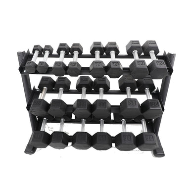 TKO 5-50lb Rubber Hex Straight Handle Dumbbells W/ 3 Tier Rail Rack S6230-SXRA10