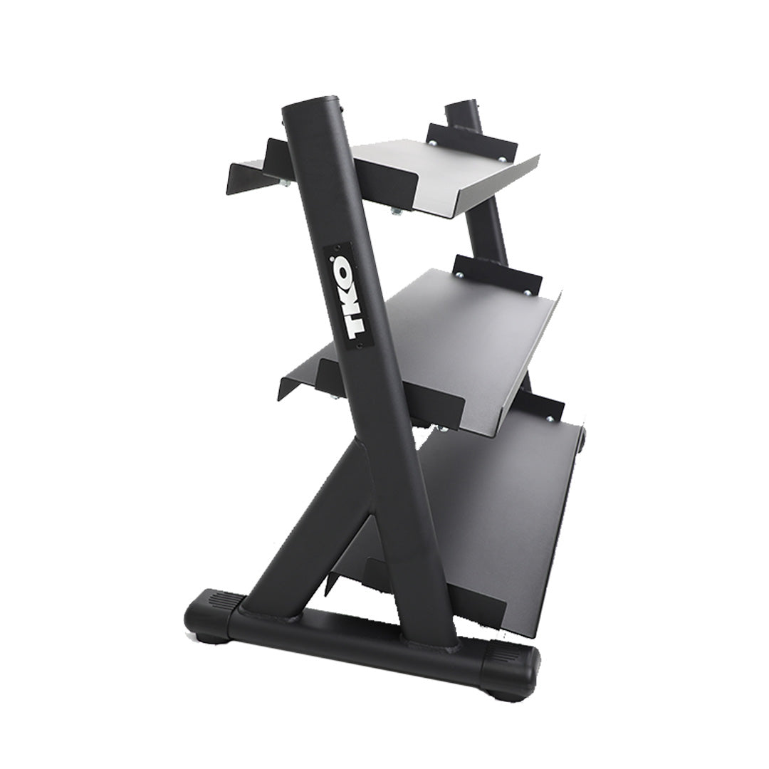 TKO 5-50lb Rubber Hex Straight Handle Dumbbells W/ 3 Tier Tray Rack S6235-SXRA10 Angled