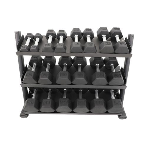 TKO 5-50lb Rubber Hex Straight Handle Dumbbells W/ 3 Tier Tray Rack S6235-SXRA10