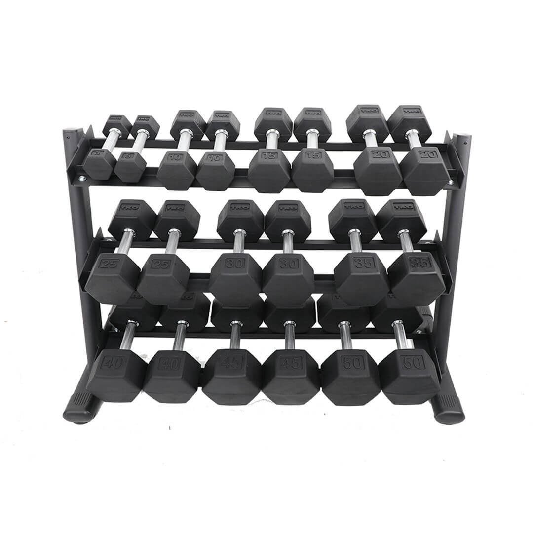 TKO 5-50lb Rubber Hex Tri-Grip Handle Dumbbells W/ 3 Tier Rail Rack S6230-TXRA10 with Dumbbells