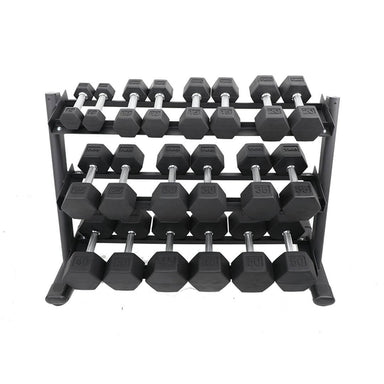 TKO 5-50lb Rubber Hex Tri-Grip Handle Dumbbells W/ 3 Tier Rail Rack S6230-TXRA10 with Dumbbells