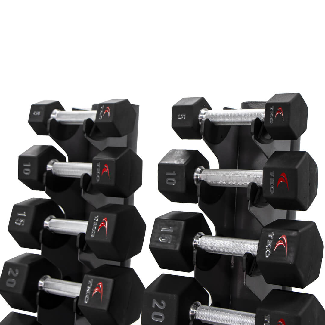 TKO 5-50lb Urethane hex tri-grip dumbbells w/ 10 pair vertical rack front load design