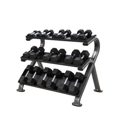 TKO 5-50lb rubber hex dumbbell w/ 3 tier shelf rack heavy guage ocal