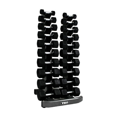 TKO 5-50lb rubber hex straight handle dumbbells w/ 10 pair vertical rack 