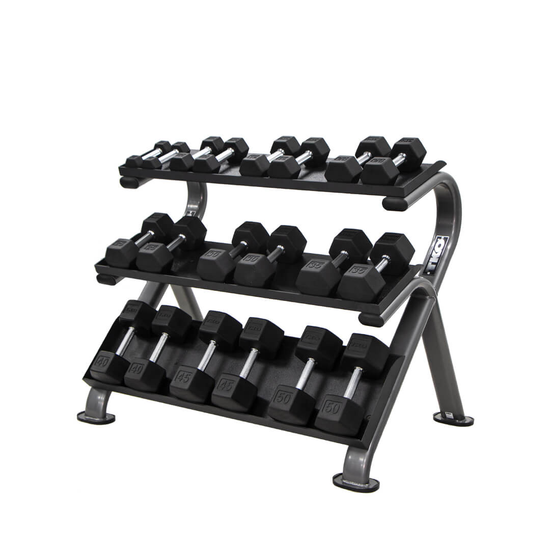 TKO 5-50lb urethane hex tri-grip handle dumbbells w/ 3 tier shelf rack  heave guage