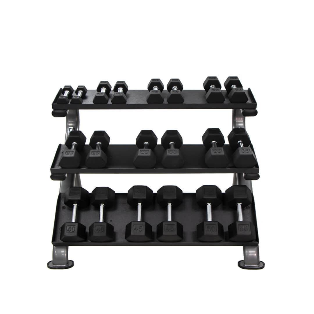 TKO 5-50lb urethane hex tri-grip handle dumbbells w/ 3 tier shelf rack oval tubing