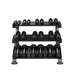 TKO 5-50lb urethane hex tri-grip handle dumbbells w/ 3 tier shelf rack oval tubing