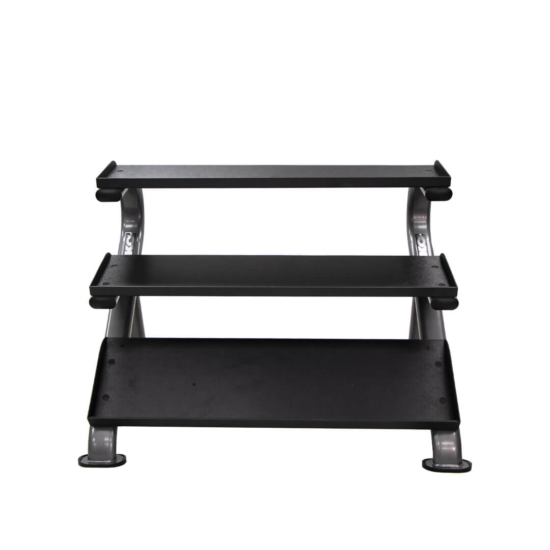 TKO 5-50lb urethane hex tri-grip handle dumbbells w/ 3 tier shelf rack  steel tubing