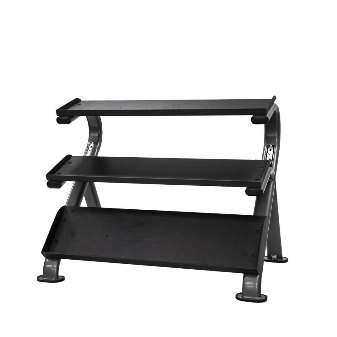 TKO 5-50lb urethane hex tri-grip handle dumbbells w/ 3 tier shelf rack  steel uprights