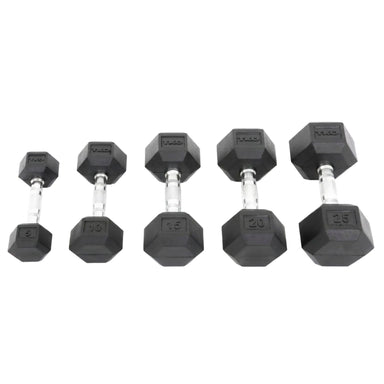 Set of black TKO rubber hexagonal dumbbells on a white background
