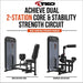 TKO promotional graphic showing two exercise machines side by side, Inner and Outer Thigh machine and a Ab and low back machine on a white background, with large headline text above reading 'Achieve Dual 2-Station Core & Stability Strength Circuit'