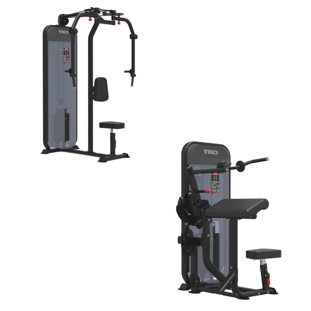 TKO Achieve Dual-functional pec delt / rear delt and bicep / tricep on a plain white background, showing front and side angles.