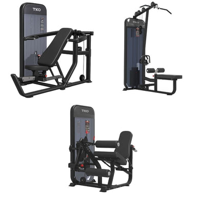 TKO Achieve Dual 3-Station Compact Strength Circuit package featuring a lat pulldown and seated row, mutli press, and leg extension and leg curl machine on a white background