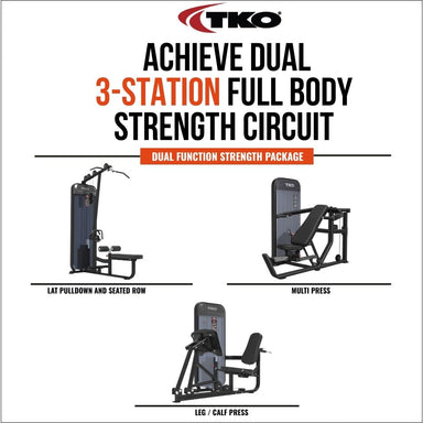 TKO 3-station full body strength circuit package, showing three black and gray gym machines: a lat pulldown and seated bow, a multi press, and a leg/calf press, with large marketing text at the top on a white background.