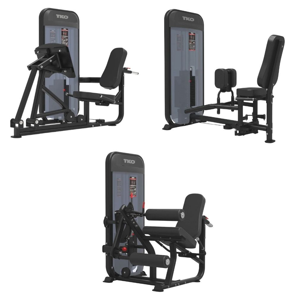 TKO Achieve Dual 3-Station Lower Body Strength Circuit featuring Leg Press, Inner and Outer Thigh, Leg Extension and Leg Curl machines