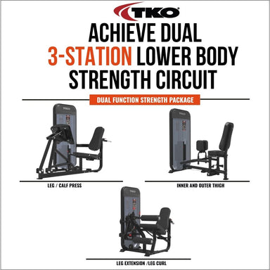 TKO Achieve Dual 3-Station Lower Body Strength Circuit featuring Leg Press, Inner and Outer Thigh, Leg Extension and Leg Curl machines