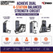 TKO 4-station balanced strength circuit package, showing four exercise machines side by side: lat pulldown/ seated row, multi press, pec deck / rear delt, and leg / calf press. The image includes marketing text, feature icons, and a footer with application areas such as PT & rehab clinics, medical facilities, and wellness centers.