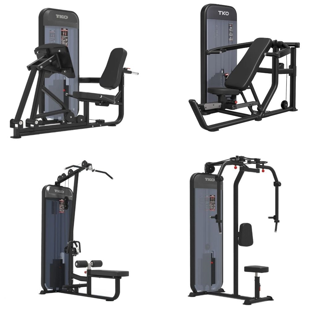 Four views of a TKO Achieve Dual leg press, peck deck, lat pull down, and muti-press strength training machine set against a plain white background.