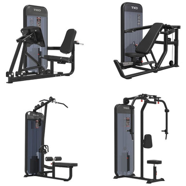 Four views of a TKO Achieve Dual leg press, peck deck, lat pull down, and muti-press strength training machine set against a plain white background.