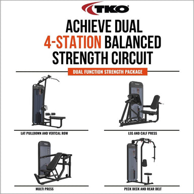 TKO Achieve Dual Multi-Press, Lat Pulldown and seated row, pec deck, and bicep and tricep home gym machine set on a plain white background